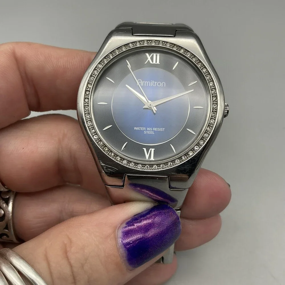 Armitron Womens Watch 38mm Blue Dial Stainless Crystals New Battery 6.75